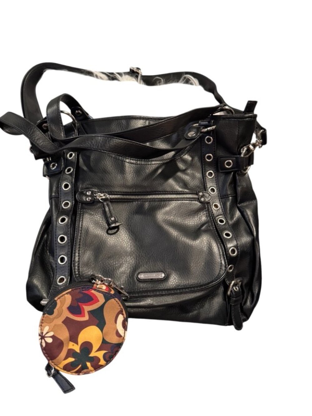 Franco Sarto Black Vegan Leather Moto Hobo Shoulder Bag Crossbody w Coin Purse - Picture 2 of 6